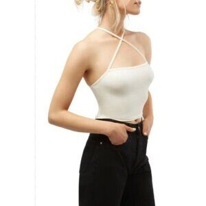 Strappy Ribbed Tank Crisscross Neckline Ivory Ribbed Rayon & Spandex WeWoreWhat